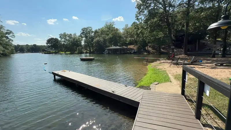 The shoreline and the dock from the water's edge
